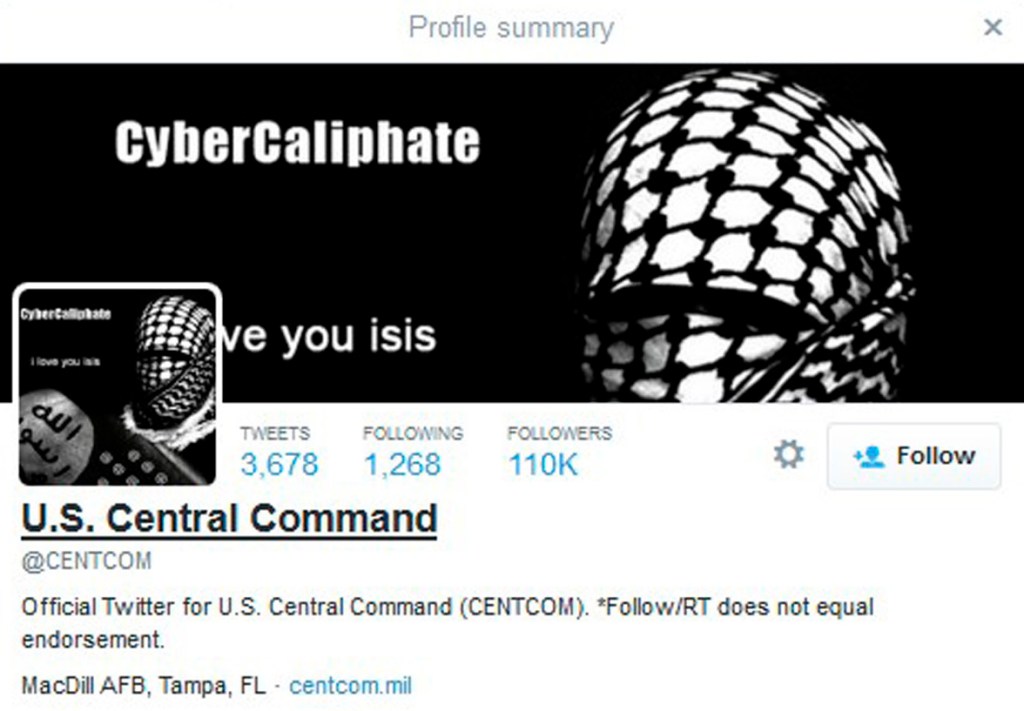 A computer screenshot shows the U.S. Central Command Twitter feed after it was apparently hacked by people claiming to be Islamic State sympathizers
