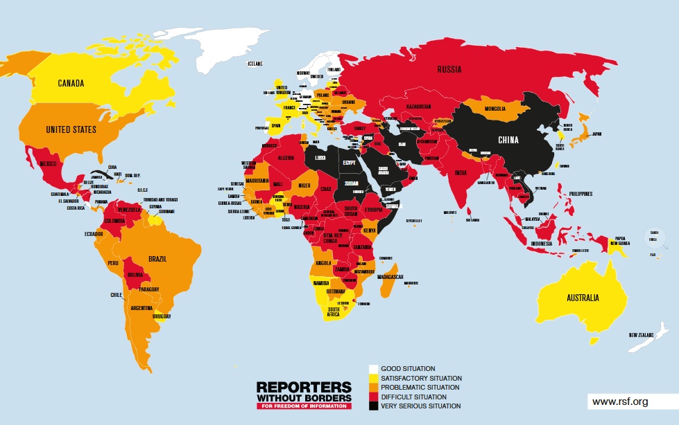 wolność prasy na świecie w 2019 roku. Źródło rsf.org